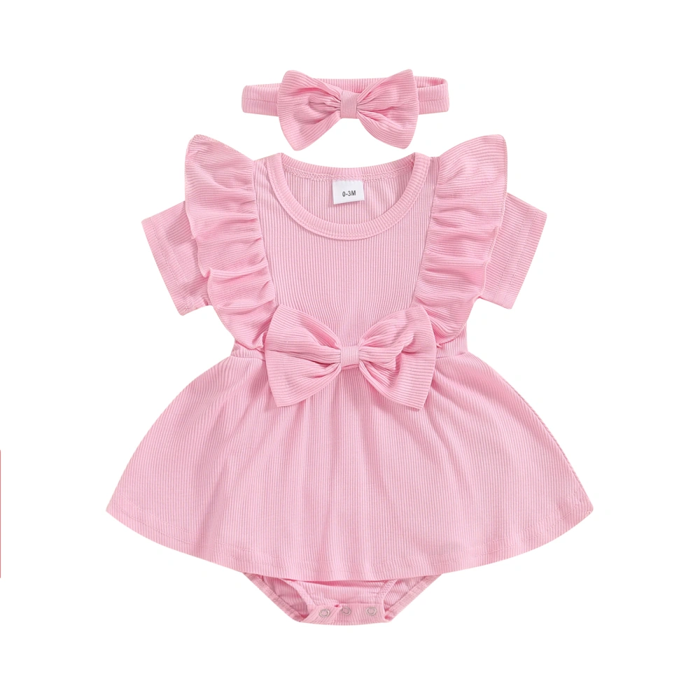 Infant Girl Romper Dress Solid Ribbed Short Sleeve Jumpsuit Headband