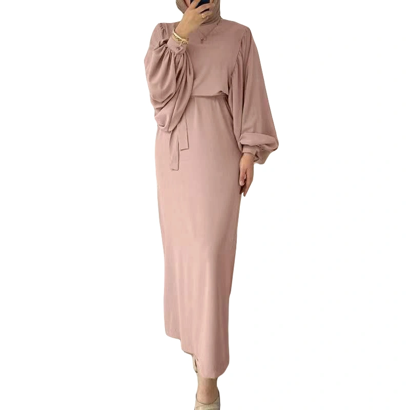 Women Long Dress Solid Color Round Neck Lantern Sleeve Abaya Dress