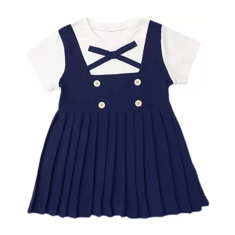 Little Girls Summer Fake-Two Pieces Dress Short Sleeve Pleated Dresses