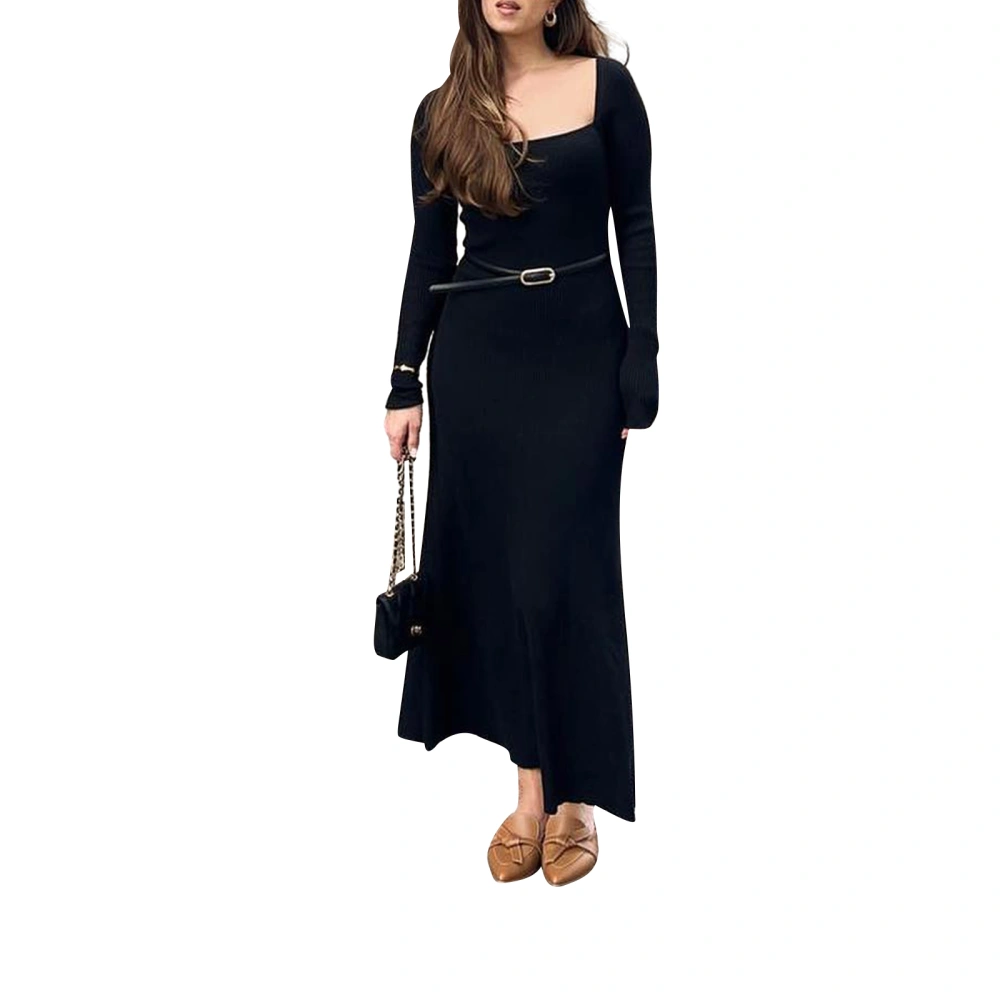 Women's Knit Long Dress Elegant Long Sleeve Square Neck Midi Dress