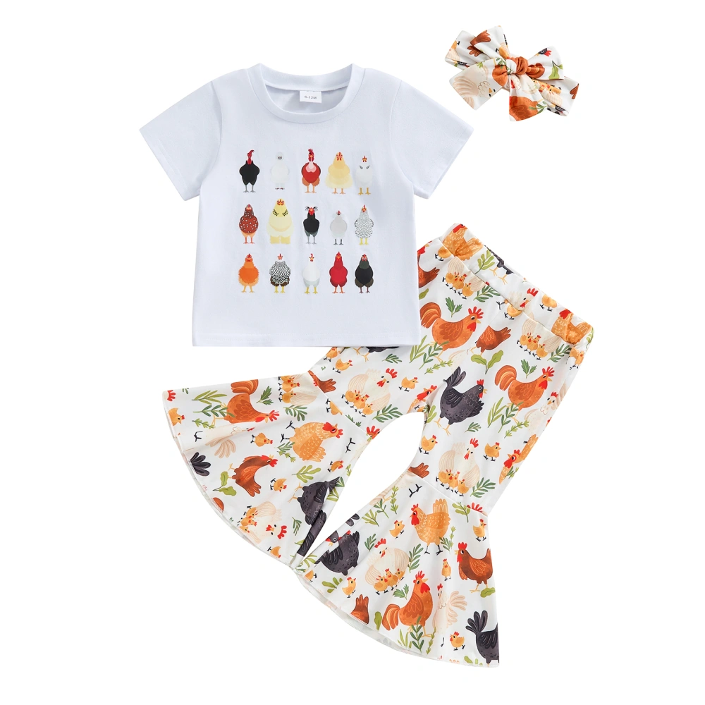 Girls Pants Set, Chicken Print Short Sleeve T-shirt Pants Headband