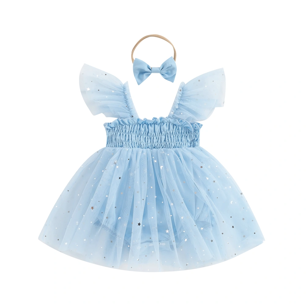 Baby Romper Dress Blue Flying Sleeve Mesh Romper with Headband