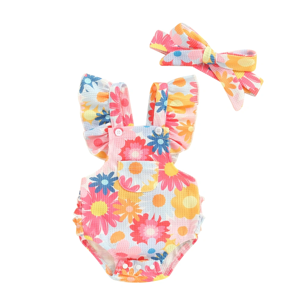 Baby Girl Set, Sleeveless Romper Frill Trim Flower Shorts Headband 