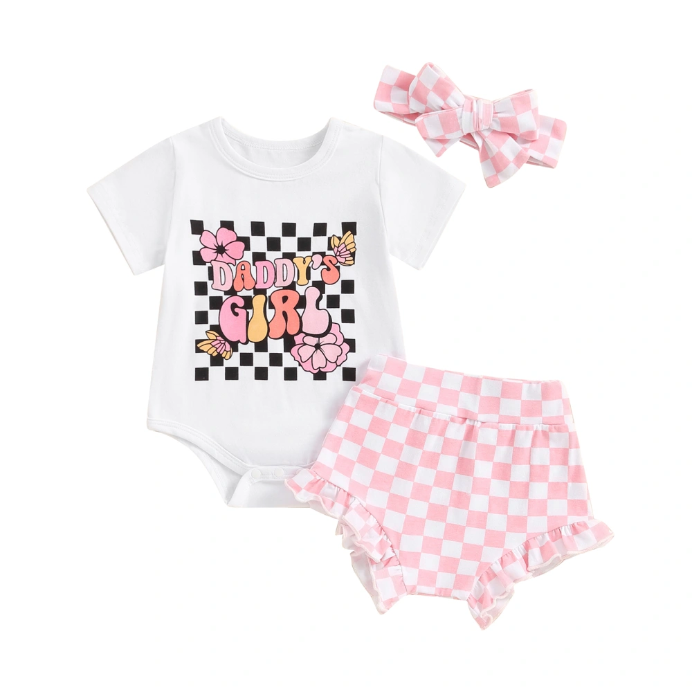 Baby Girl Set, Short Sleeve Romper Checkerboard Shorts Headband 