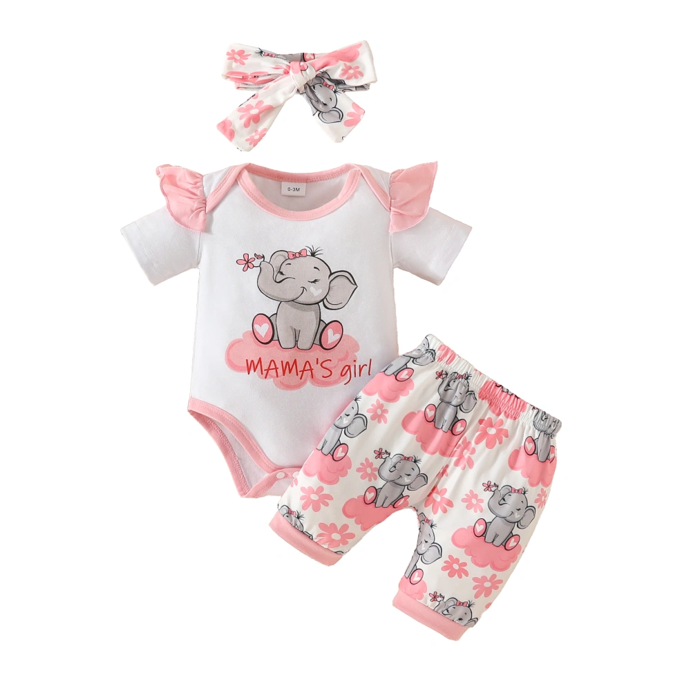 3Pcs Baby Girls Outfit Elephant Print Romper + Shorts + Headband