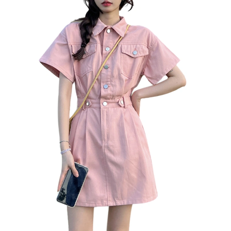 Women Mini Dress Short Sleeve Button Closure Solid Summer Dress