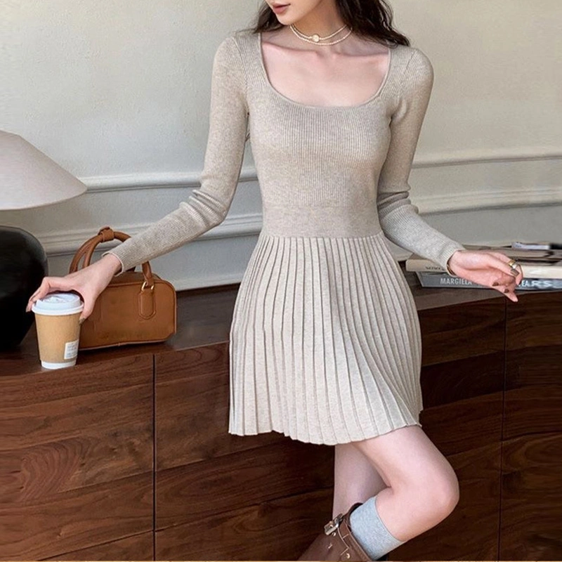 Women's Knit A-Line Dress Solid Ribbed U Neck Long Sleeve Mini Dress 