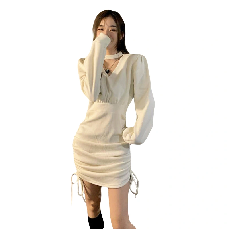 Women's V Neck Long Sleeve Side Ruched Drawstring Mini Bodycon Dress 