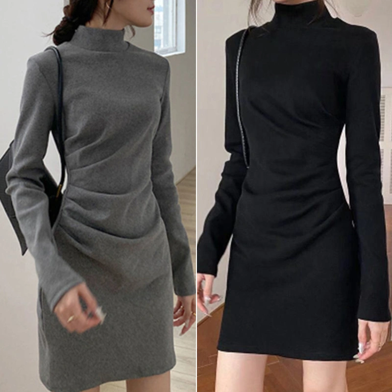 Women Long Sleeve Dress Solid Color Turtleneck Ruched Mini Dress