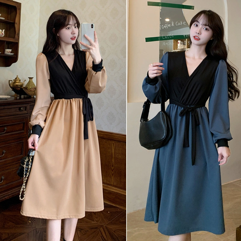 Women Midi Dress Patchwork V-Neck Tie-Up Long Sleeve A-line Dress