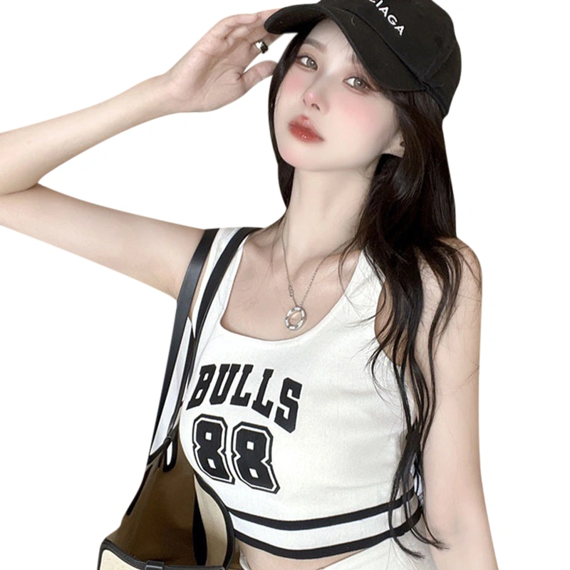 Women Padded Tank Tops Letter Print Cropped Basic Sleeveless Shirt