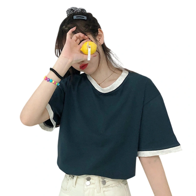 Women's Summer Casual Loose Tops Contrast Color Short Sleeve T-Shirt 