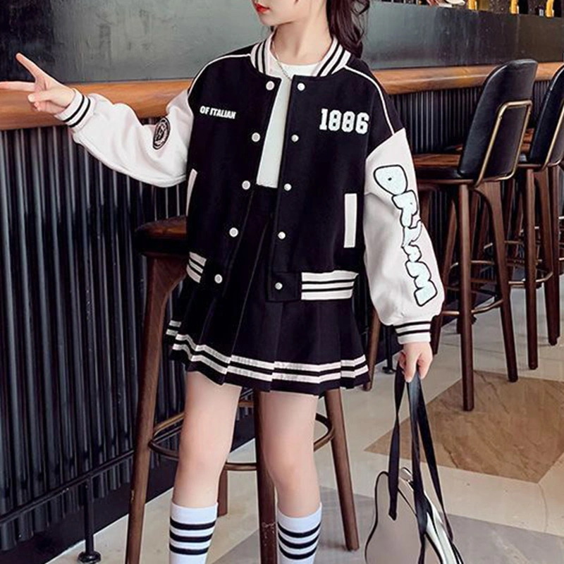 Girl 2 Piece Outfit Contrast Color Baseball Jacket and Pleated Skirt