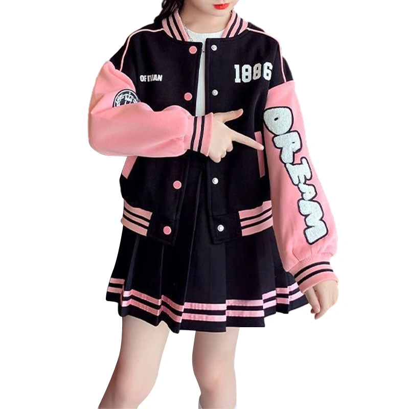 Girl 2 Piece Outfit Contrast Color Baseball Jacket and Pleated Skirt