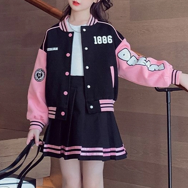 Girl 2 Piece Outfit Contrast Color Baseball Jacket and Pleated Skirt