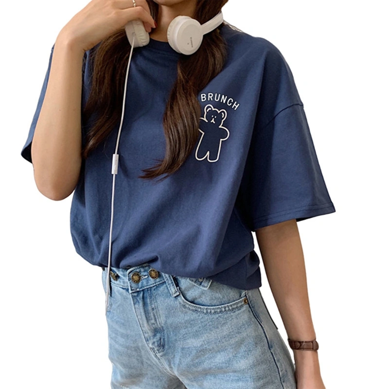 Women T-shirt, Crew Neck Short Sleeve Bear Print Loose Summer Tops