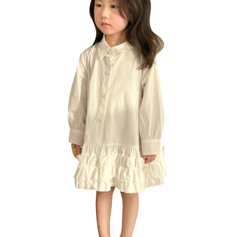 Girls Princess Dress Long Sleeve Button-down Pleated Solid Shirt Dress