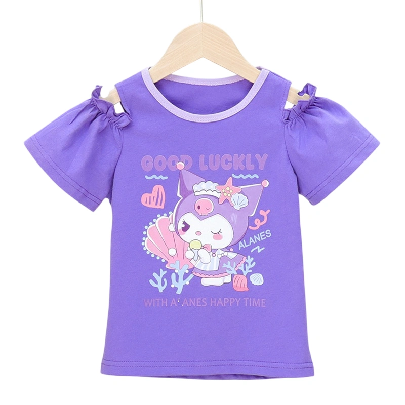 Girls Tops Short Sleeve Crewneck Letter Cartoon Print T-shirt