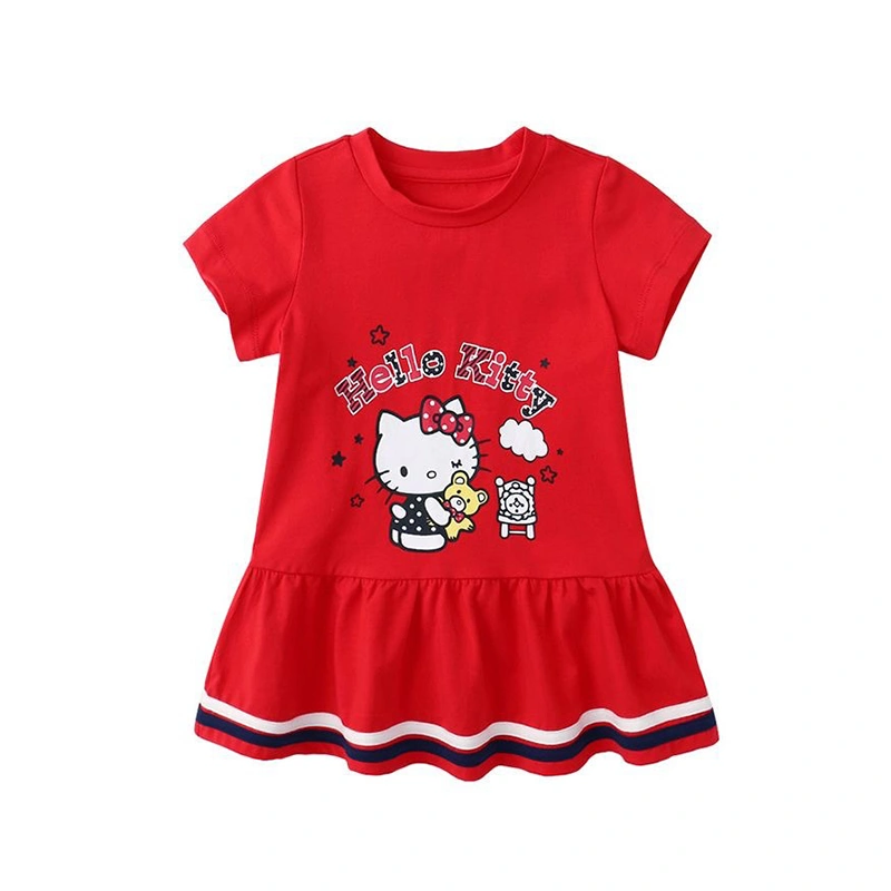 Girl’s Dress, Short Sleeve Crew Neck Cartoon Cat Print A-line Dress