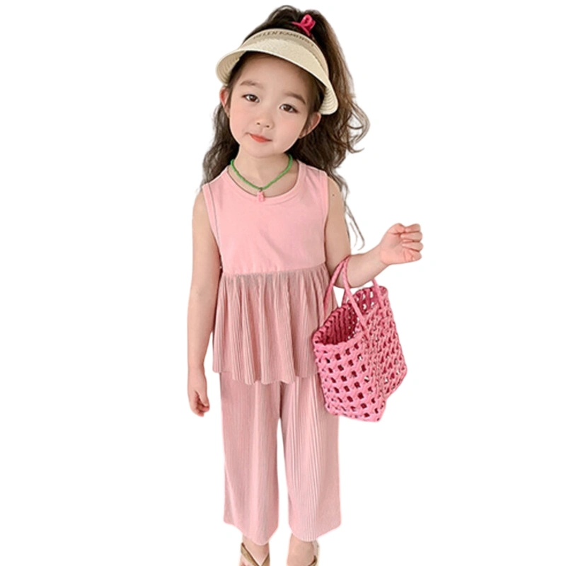 Girls 2 Piece Outfits Solid Color Tank Tops and Pleated Wide Leg Pants