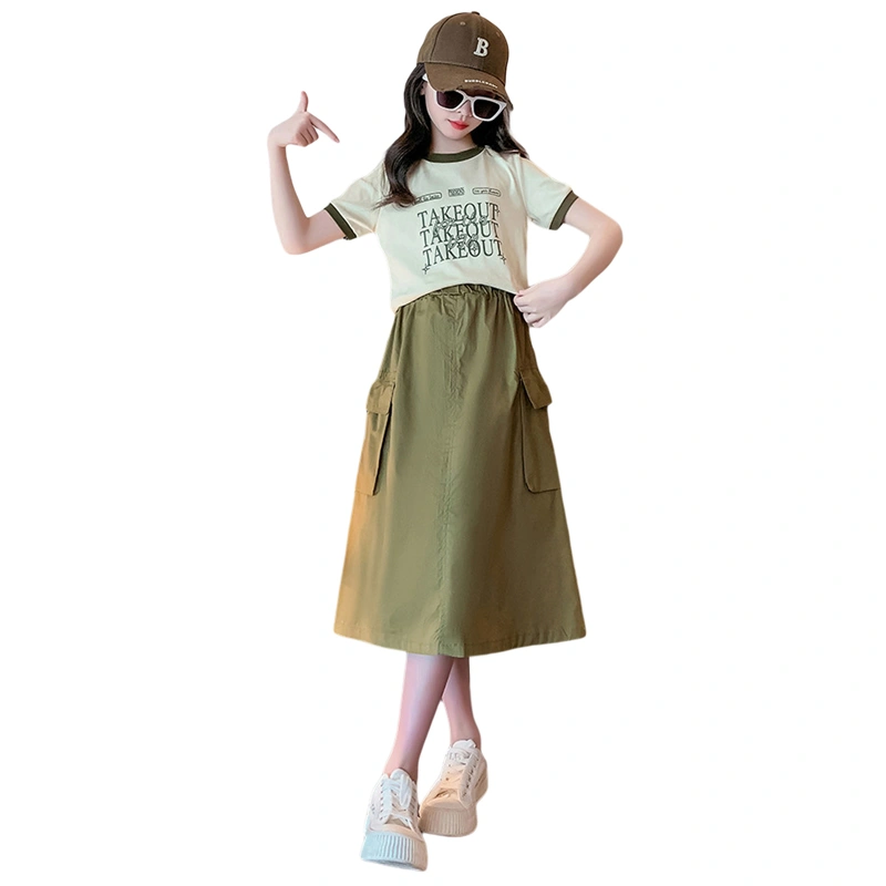 Big Girls Outfits, Short Sleeve Letter Print T-Shirt Cargo Skirt 