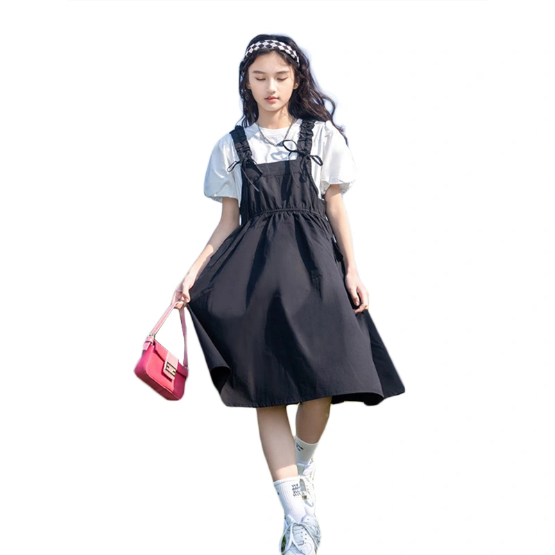 Girls Two Piece Outfits Short Sleeve Shirt and Suspender Dress 