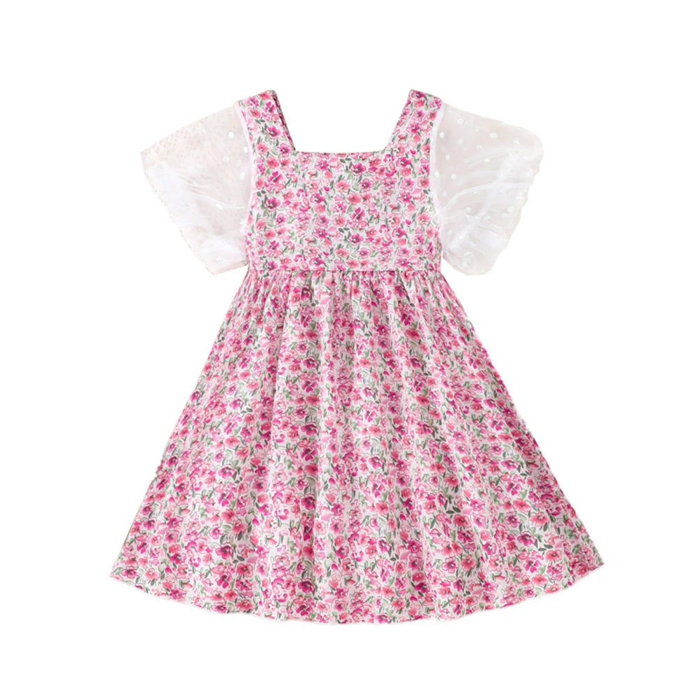 Girl’s Floral Dress, Short Sleeve Square Neck Patchwork A-line Dress