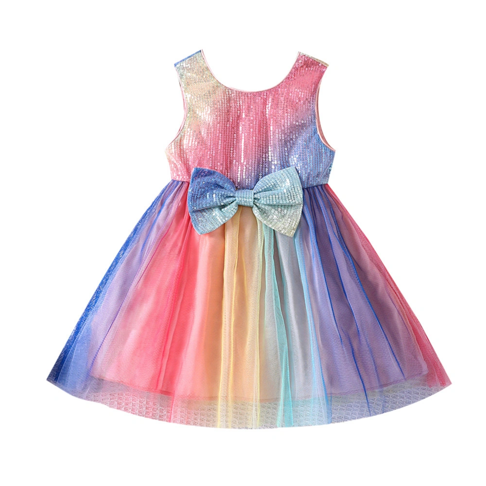 Kids Girls Dress Sequins Round Neck Bowknot Summer Casual Dress