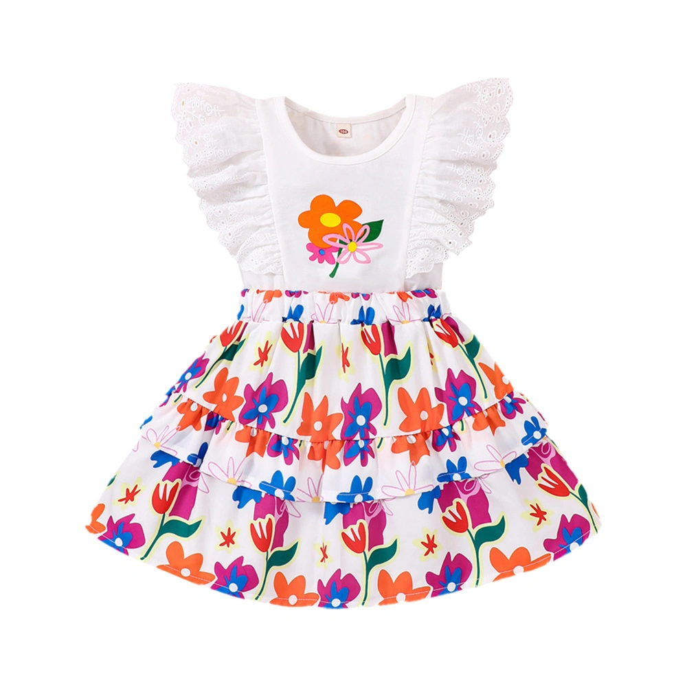 Girl 2 Piece Outfits White Flying Sleeve Tops Tiered Floral Skirt Set