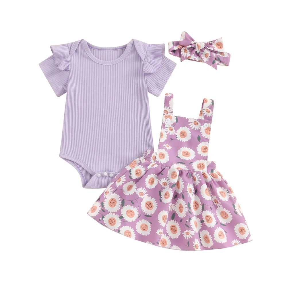 Baby Girl Set, Short Sleeve Ribbed Romper Suspender Skirt Headband 