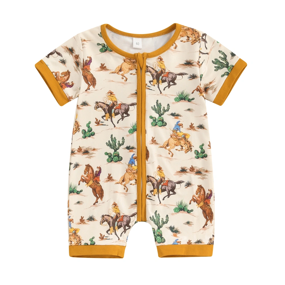 Baby Boys Summer Jumpsuit Western Cow Print Short Sleeve Zipper Romper