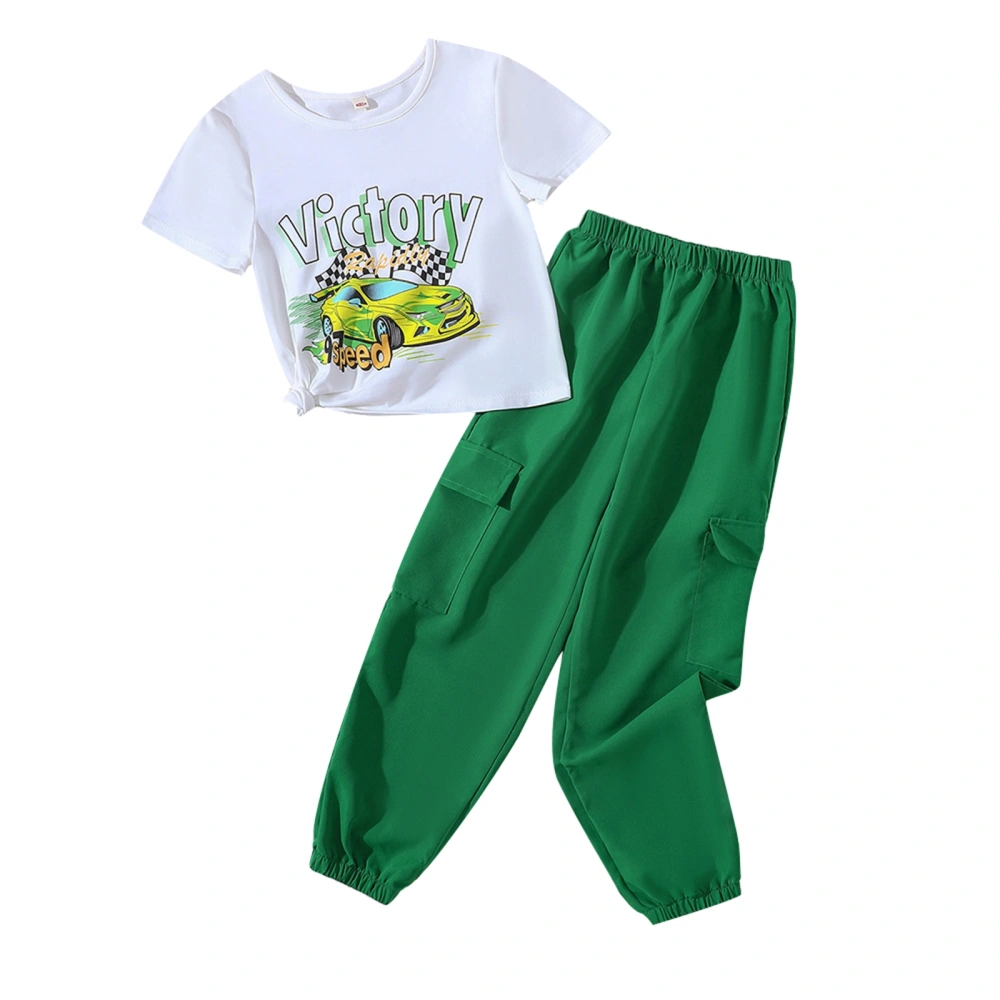 Girls Pants Set, Short Sleeve Crew Neck Car Print T-shirt Cargo Pants