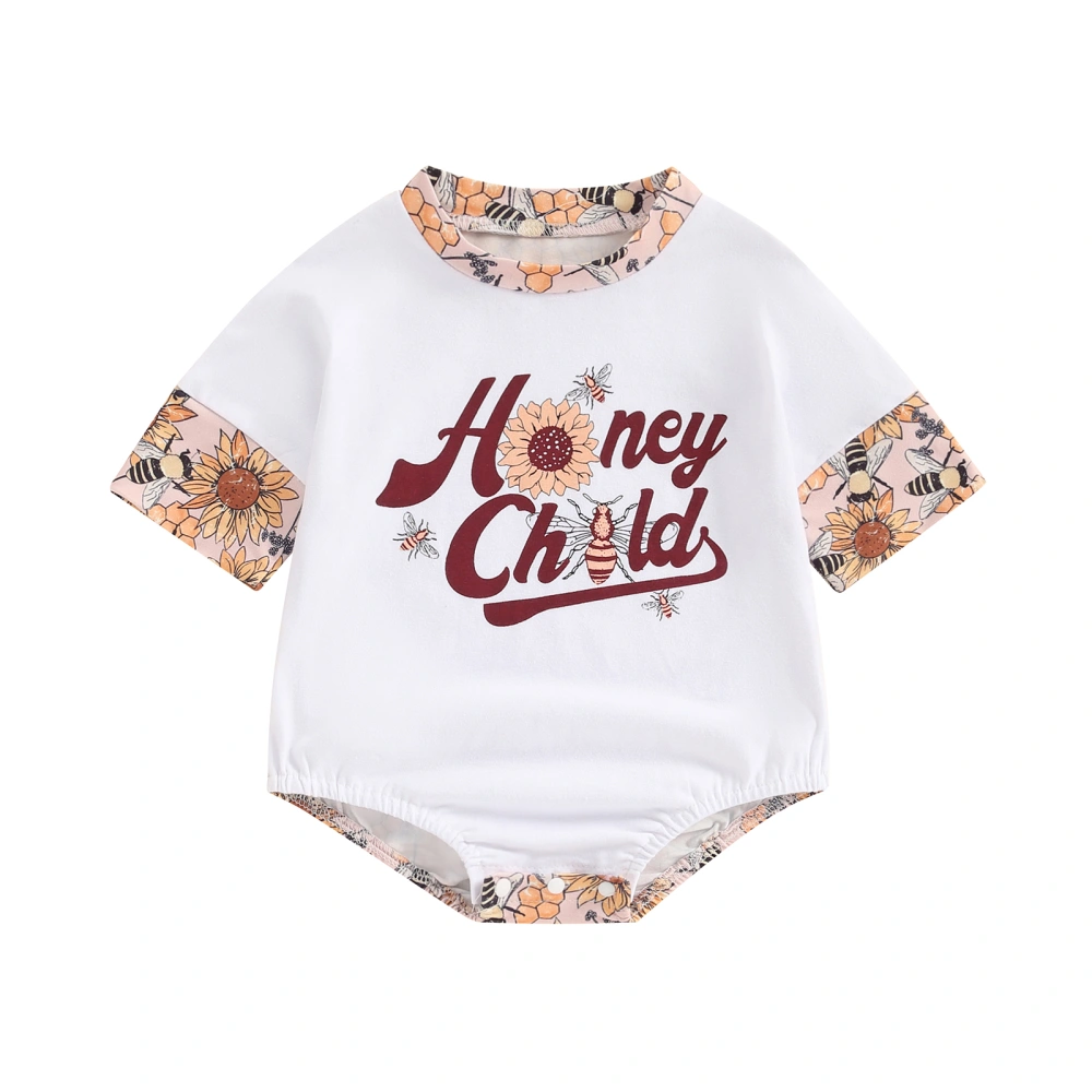 Baby Girl Cute Sunflower Letter Print Round Neck Short Sleeve Romper 