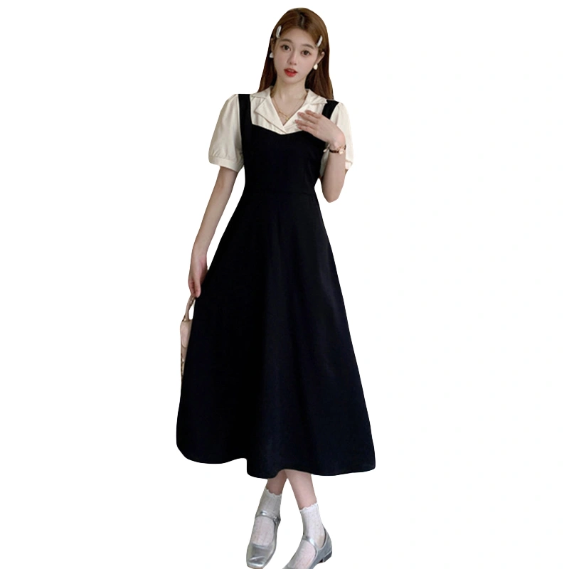 Women’s Summer A-Line Dress Short Puff Sleeve Patchwork Long Dress