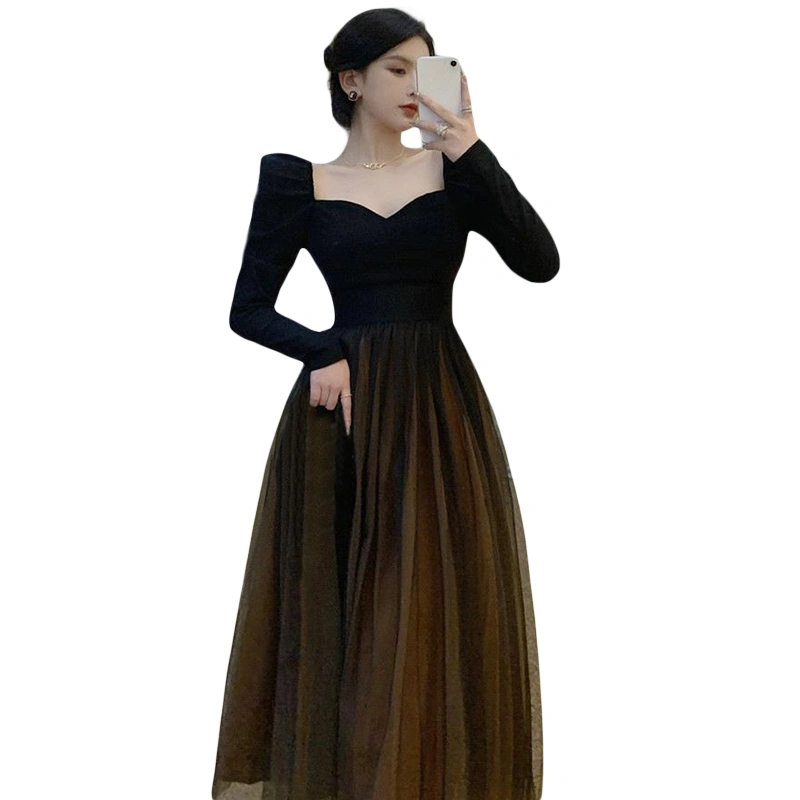 Women's V Neck Long Sleeve Back Tie-Up Smocked Waist Long Tulle Dress 