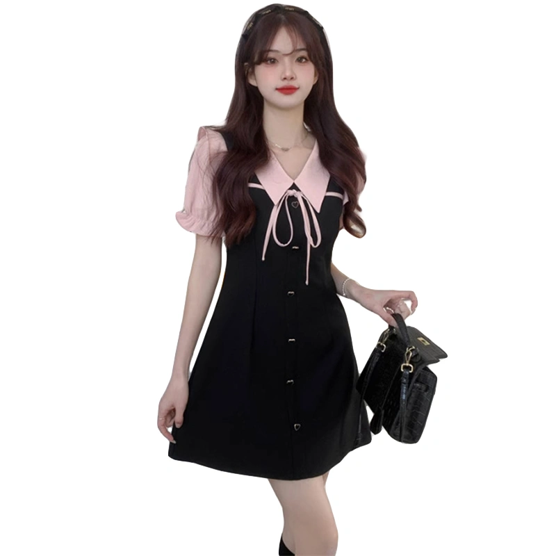 Women's Slim Doll Collar Puff Sleeve A-Line 3D Bow French Mini Dress 