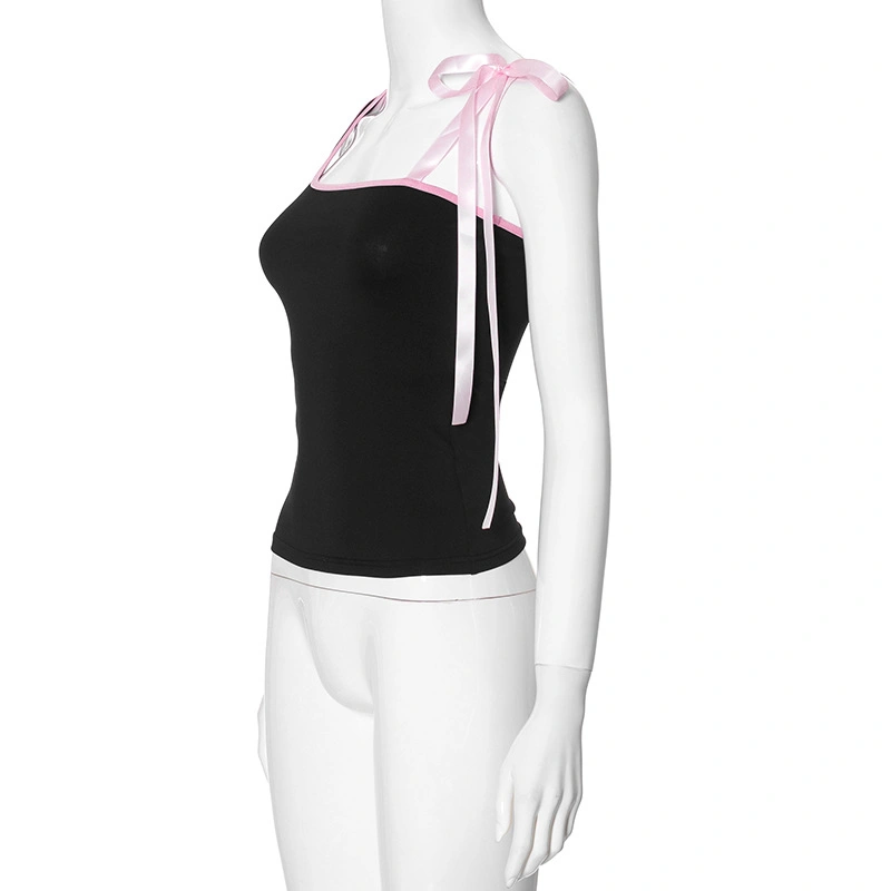 Women's Slim Cami Tops Tie-up Satin Spaghetti Strap Square Neck Vest