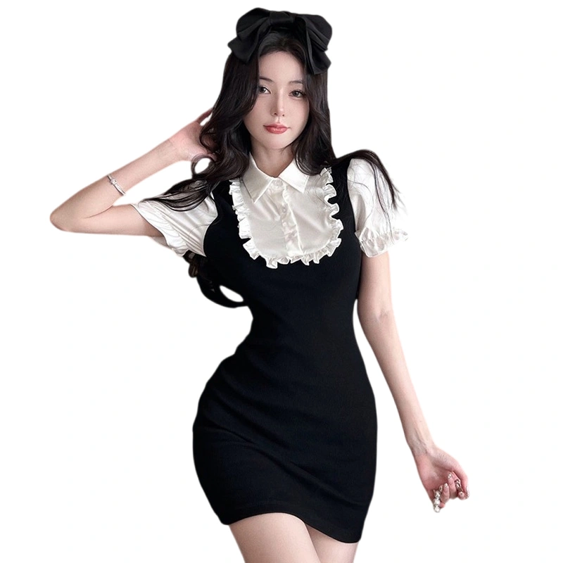 Women’s Button Front Dress Short Puff Sleeve Frill Trim Mini Dress