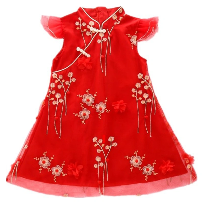 Girls Chinese Traditional Dress 3D Flower Embroidery Qipao Dress