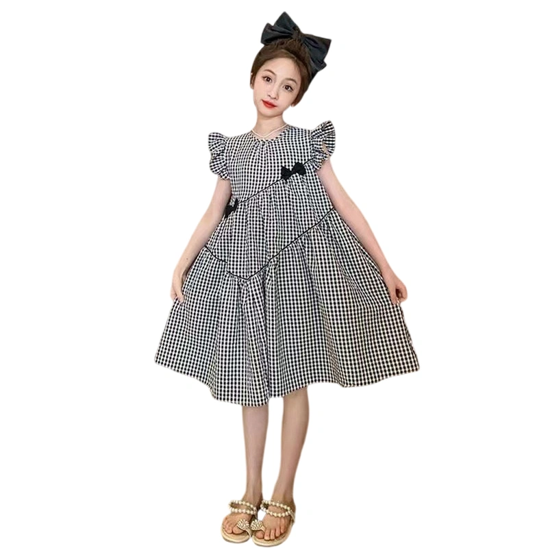 Kids Girls Dress Plaid Bowknot Round Neck Fly Sleeve Casual Dress