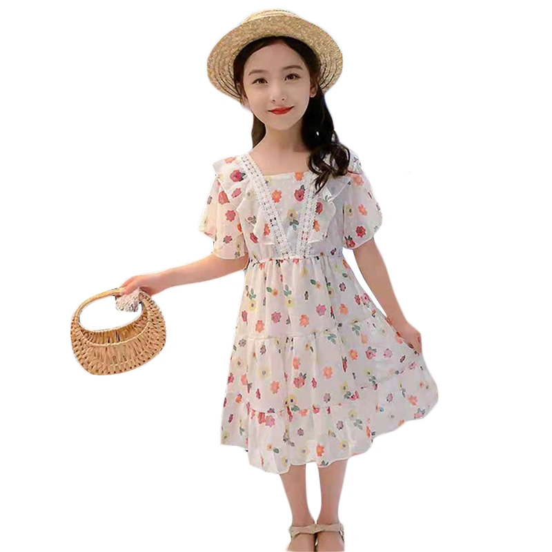 Toddler Girl Chiffon Dress Short Sleeve Round Neck Floral Tiered Dress