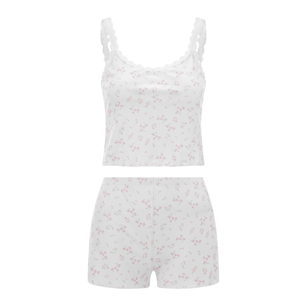 Women's Sleeveless Lace Trim Cami Tops Floral Shorts Sleepwear Set