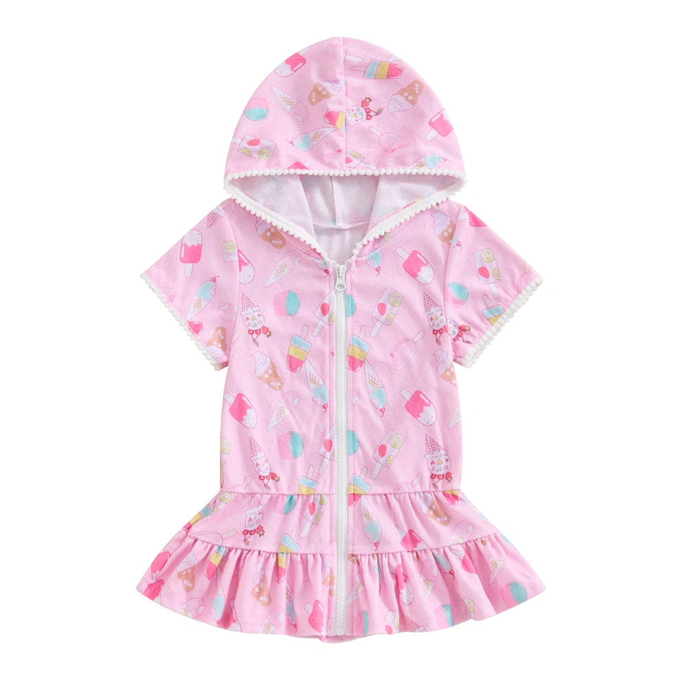 Girls Beach Dress, Short Sleeve Hooded Zipped Ice Cream Print Dress