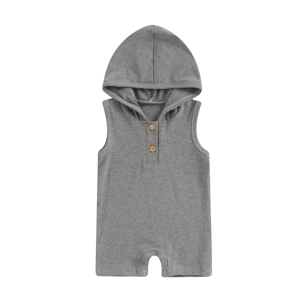 Baby Boy Hooded Romper Sleeveless Button Front Solid Color Jumpsuit