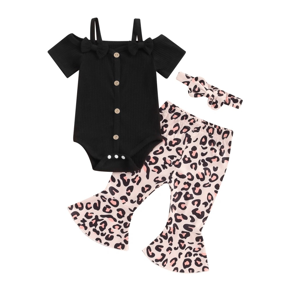 Baby Girls Summer Outfit, Romper Flower Leopard Print Pants Headband