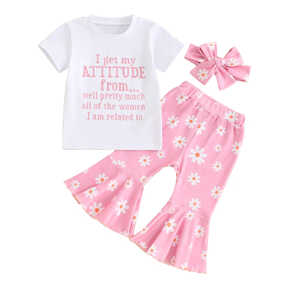 Little Girl Summer Set, Short Sleeve Tops Flower Flare Pants Headband 