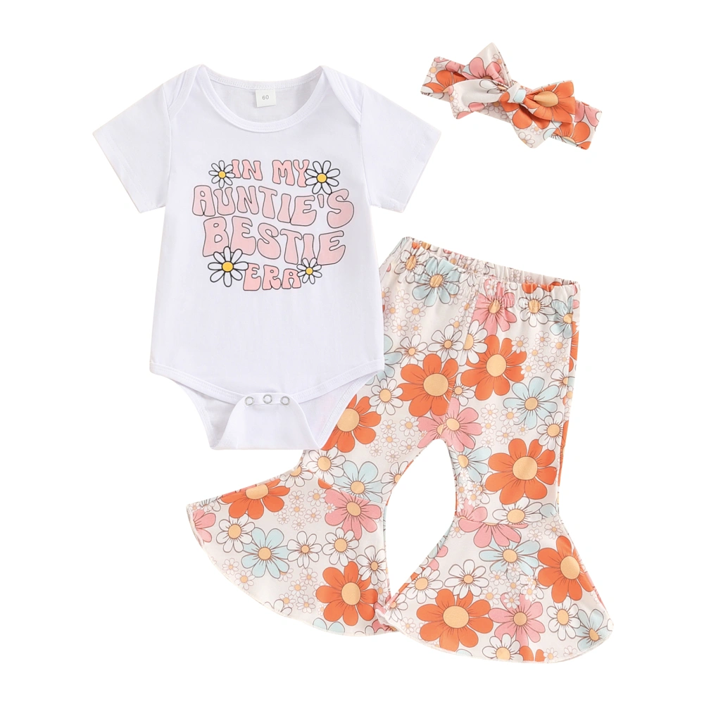 Baby 3PCS Sets Short Sleeve Letter Romper Floral Pants Headband Sets