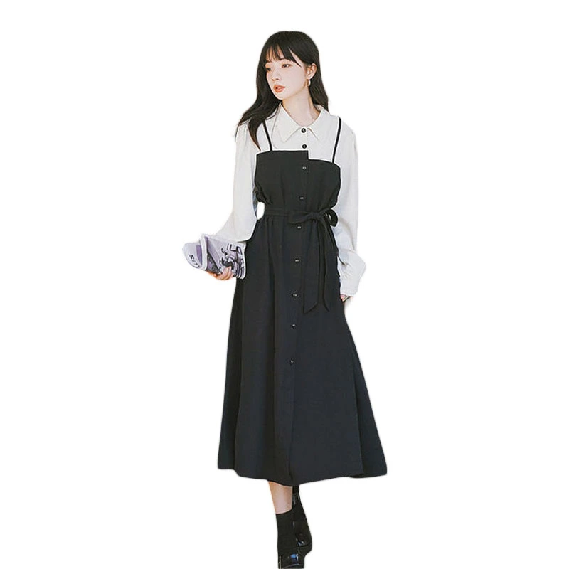 Women's Button Down Shirt Dress Long Sleeve Fake Two-Piece Dresses