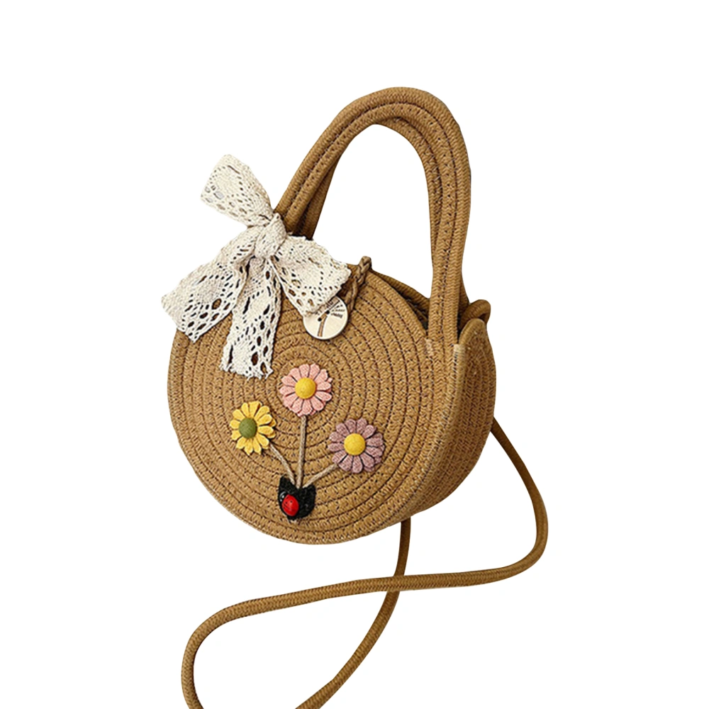 Women's Round Shape 3D Bow Flower Straw Woven Shoulder Bag for Party