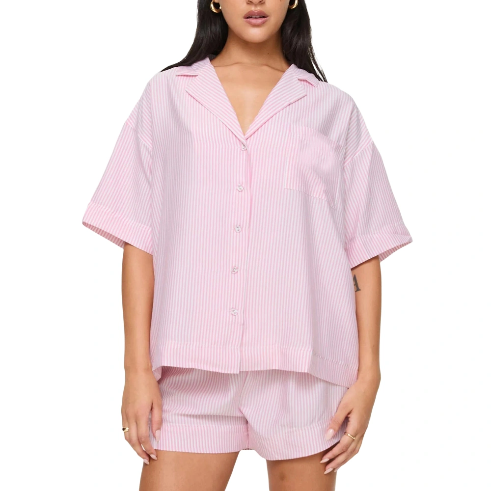 Women's Lounge Set, Short Sleeve Button Down Striped Tops Shorts